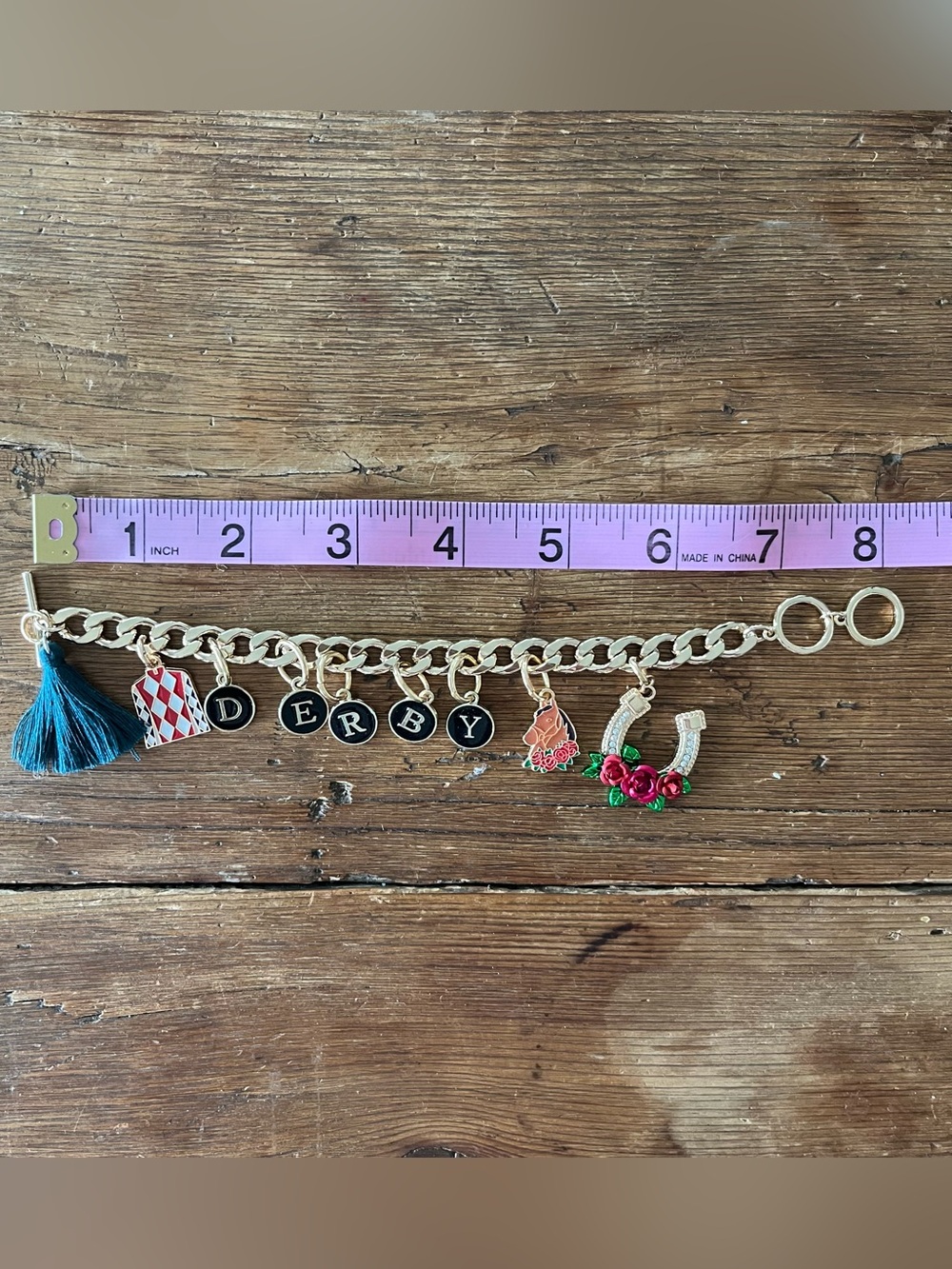 Kentucky Derby Charm Bracelet Gold Tone Teal Tassel Equestrian - Picture 7 of 8